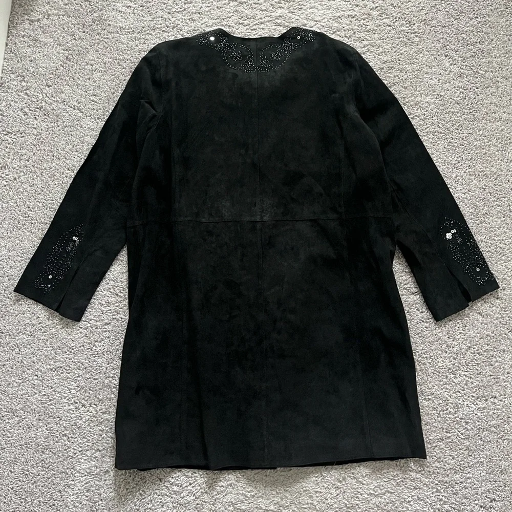 Avanti Suede Beaded Jacket sz 1X leather boho black duster holiday NYE long line - Picture 5 of 5